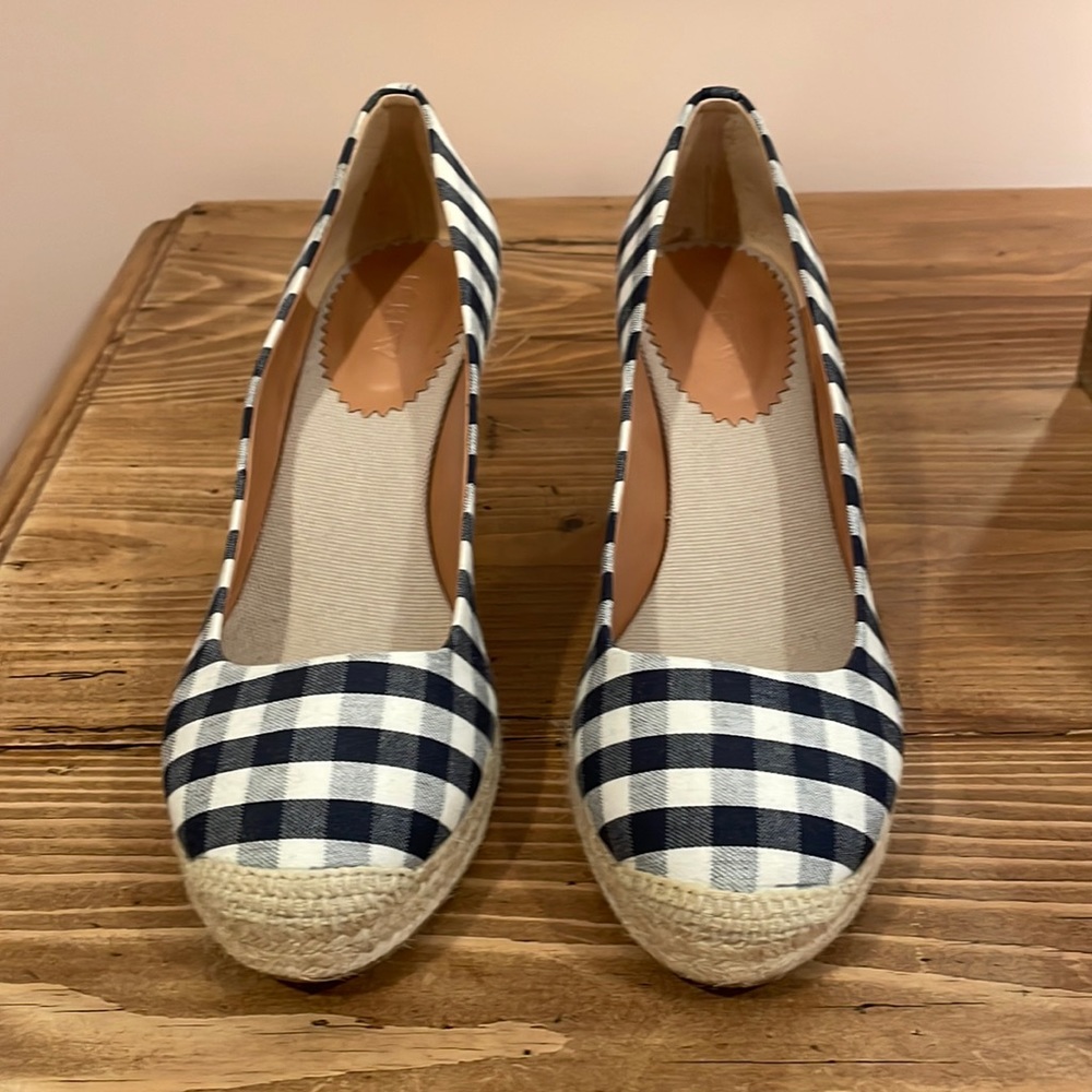 NEW J.Crew Espadrille Wedges - Navy Blue and White Gingham US 9